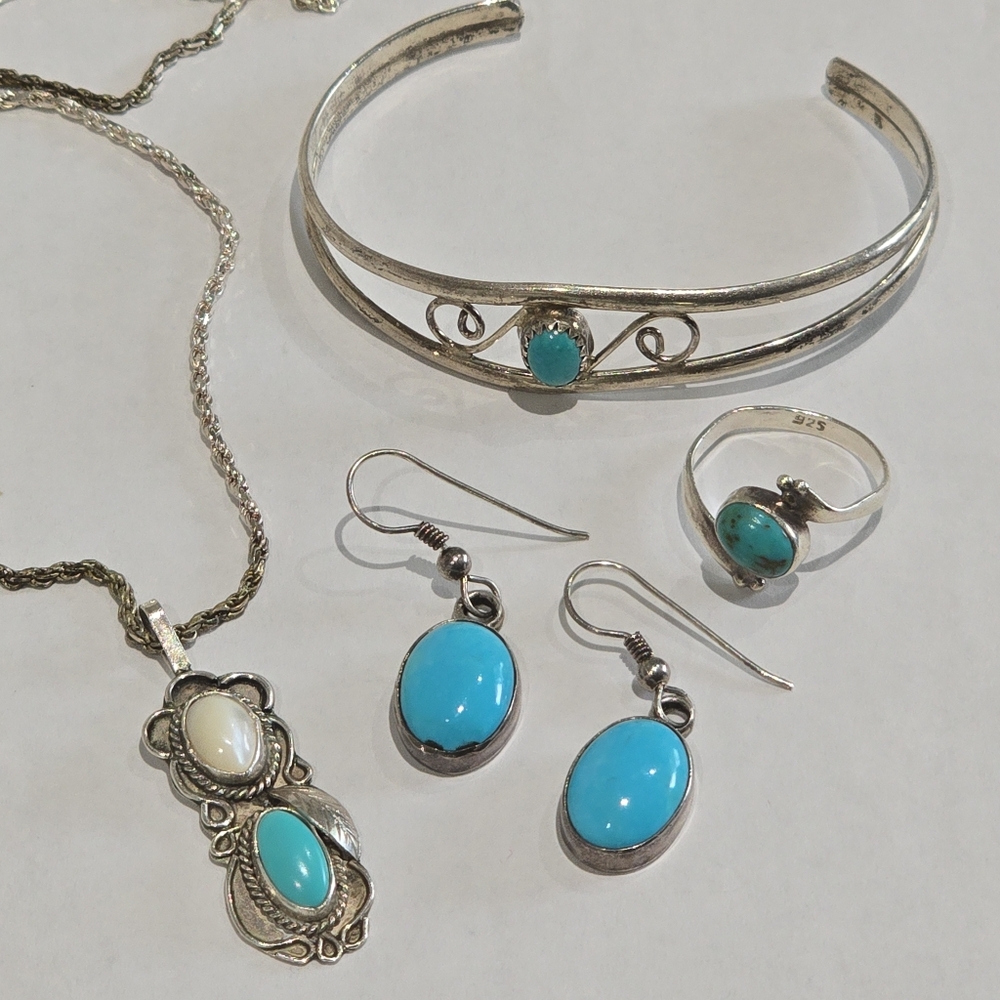 Vintage Native 925 sterling silver set of Necklace, Earrings,  Ring, & Bracelet